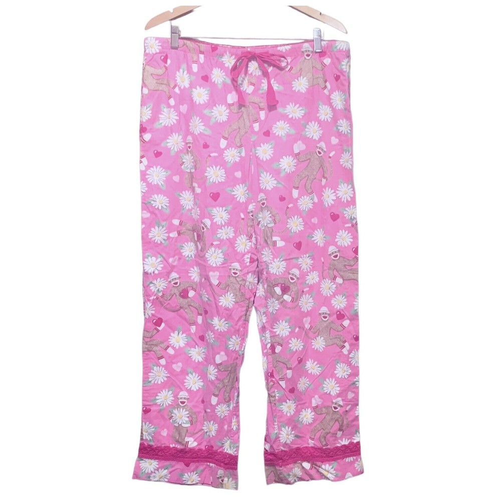 Nick And Nora Pink Sock Monkey Daisy Flannel Womens Pajama Pants Size XL PJs